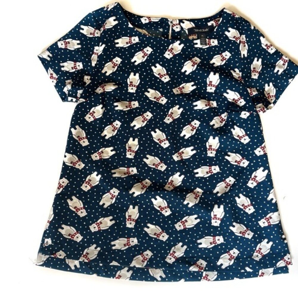 ModCloth Blue Penguin Print Short Sleeve Top - M